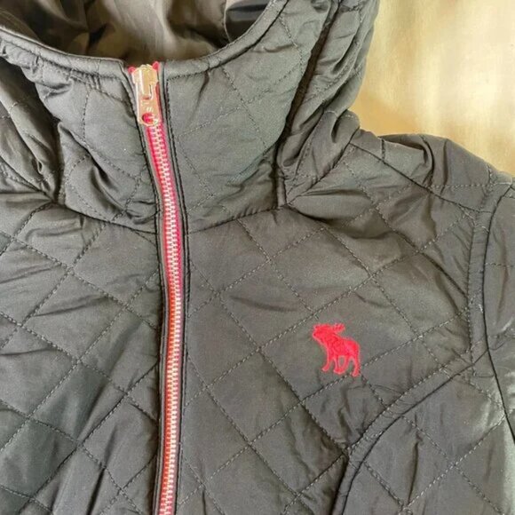 Abercrombie Girls XL Black Hooded Puffer Jacket Pink Trim Quilted - Picture 4 of 11